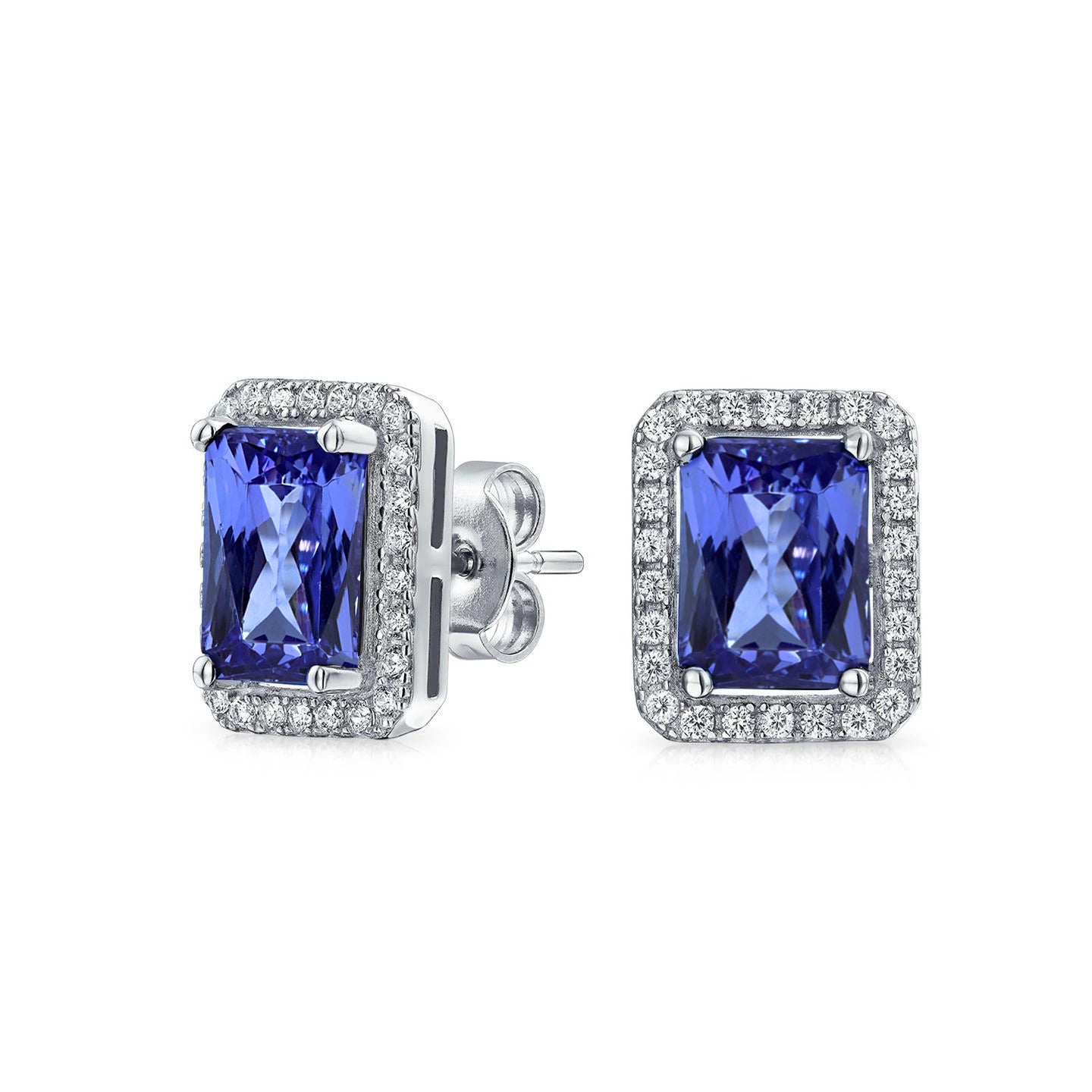 Tanzanite & Natural Earth Mined Diamonds 4.02 Carats Pave Stud Earrings 14K White Gold