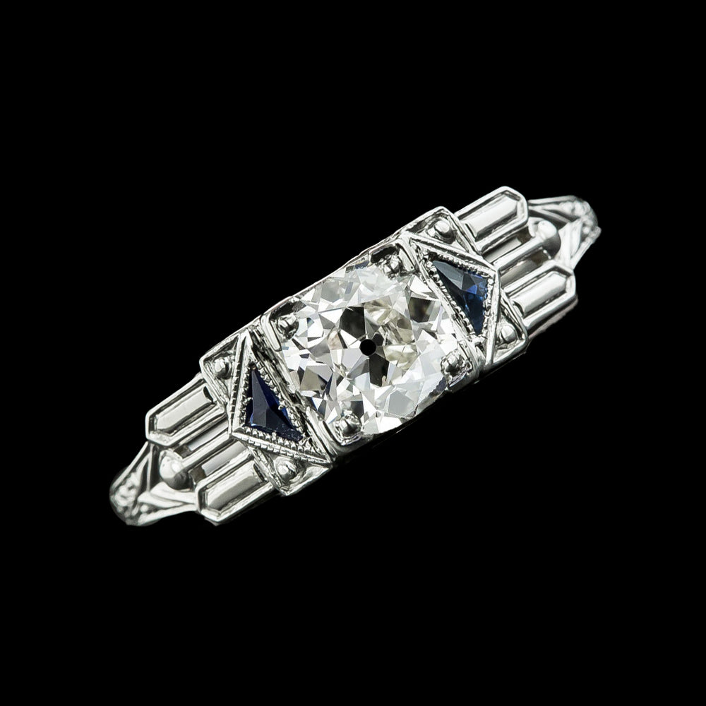 Three Stone Old Miner Round Diamond & Trillion Sapphire Ring 2 Carats