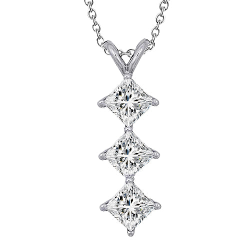 Three Stone Princess Cut Real Natural Earth Mined Diamond Pendant Necklace 3.0 Carat WG 14K