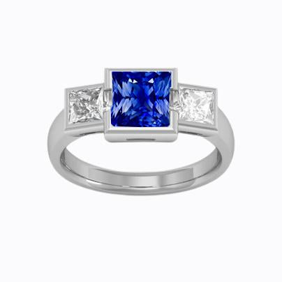 High Quality Fancy Sparkling Three Stone Ring Princess Diamond & Ceylon Sapphire Jewelry