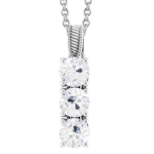 Three Stone Round Old Mine Cut Diamond Pendant