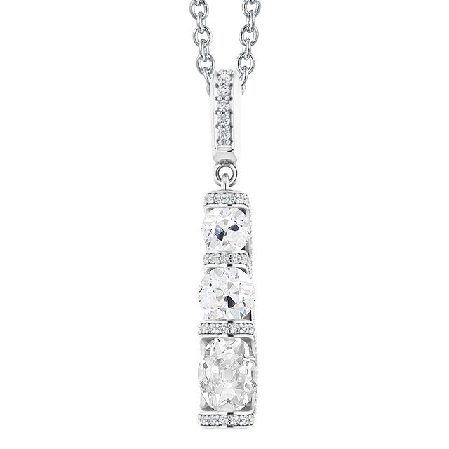 Three Stone Style Oval Old Mine Cut Diamond Pendant