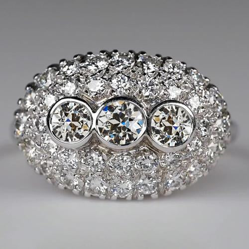 Bezel Set Old Miner Three Stone Style Ring Round Diamonds