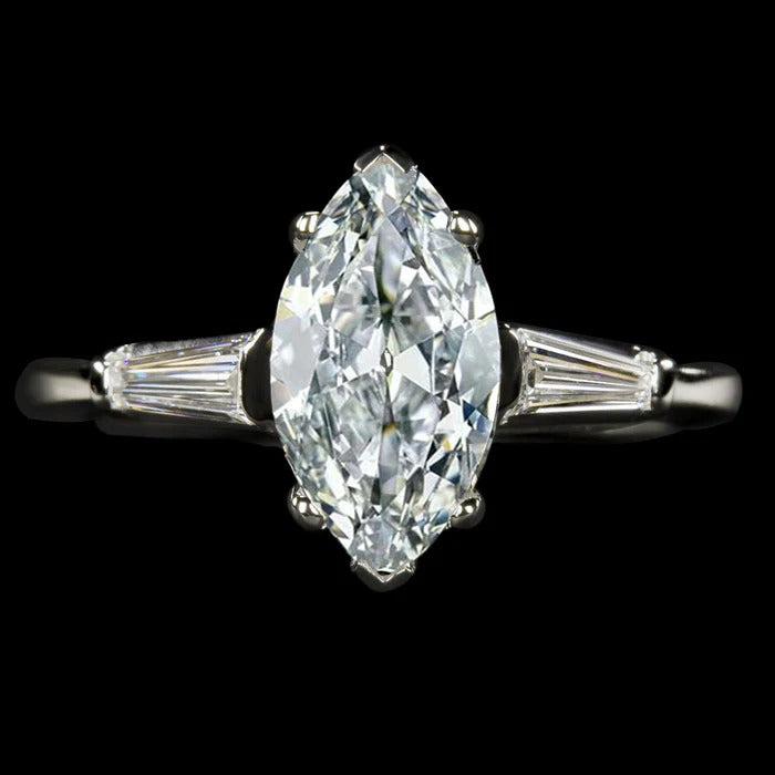 Three Stone Ring Baguette & Marquise Old Mine Cut Lab Grown Diamond 12 Carats