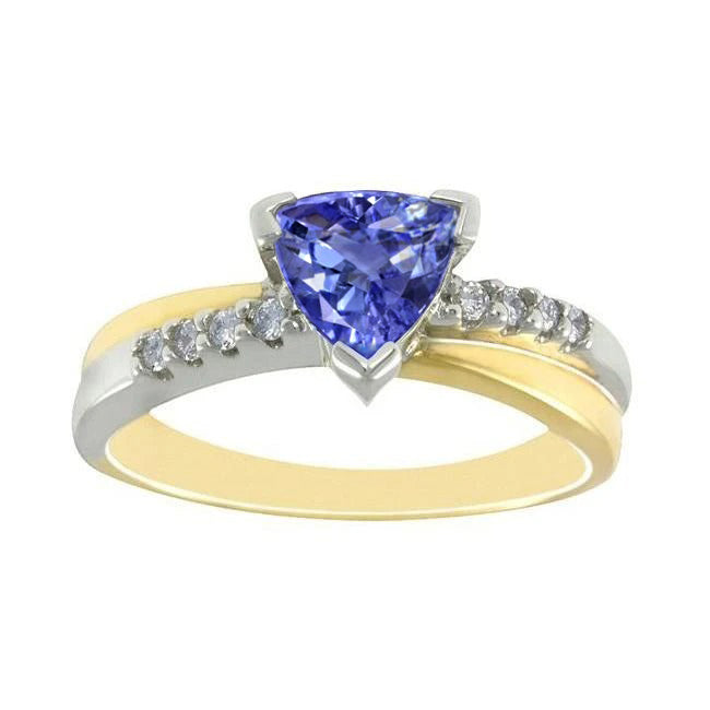 Two Tone Gold Trillion AAA Tanzanite & Round Natural Earth Mined Diamonds Ring 2.60 Carat