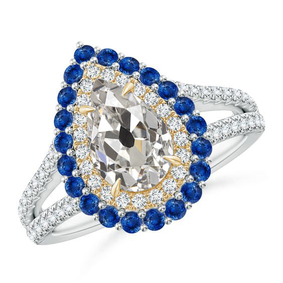Halo Diamond Ring Pear Old Miner With Blue Sapphires