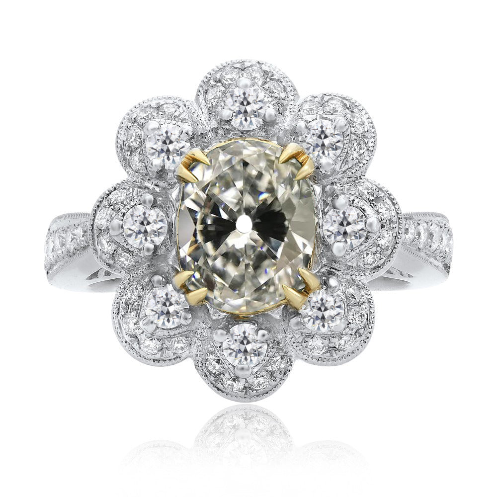 Two Tone Halo Old Miner Cut Diamond Ring Flower Style