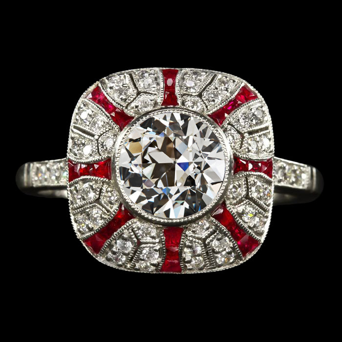 Halo Ring Old Miner Diamond Bezel Set & Rubies