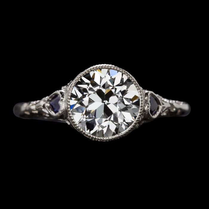 White Gold Round Old Miner Diamond & Heart Sapphires Ring