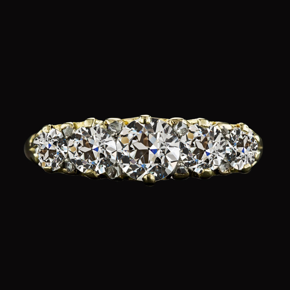 Ladies Yellow gold 5 Stone Round Old mine Cut Diamond Ring