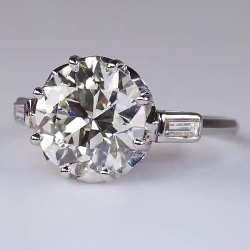 Three Stone Old Cut Wedding Ring Round & Baguette Diamonds
