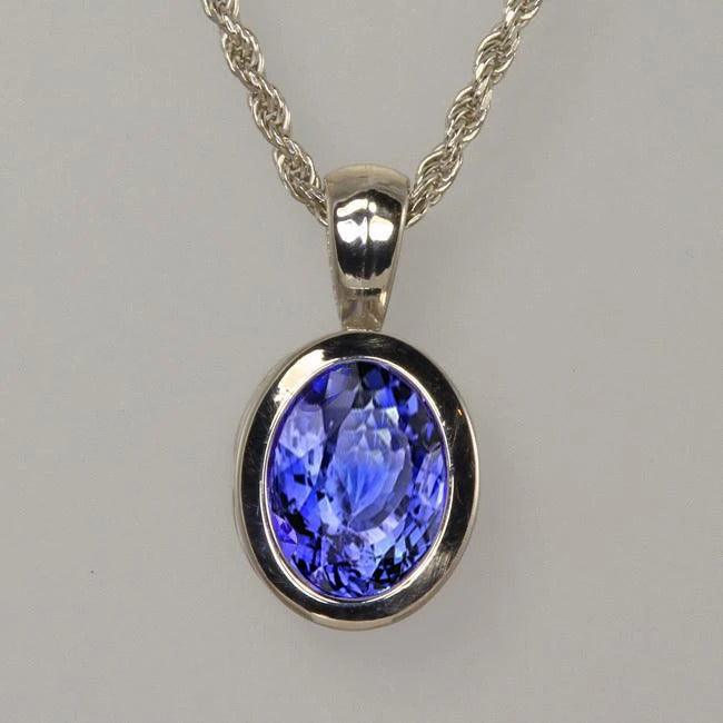 White Gold 14K Oval Cut Blue Tanzanite 14 Ct Pendant With Chain