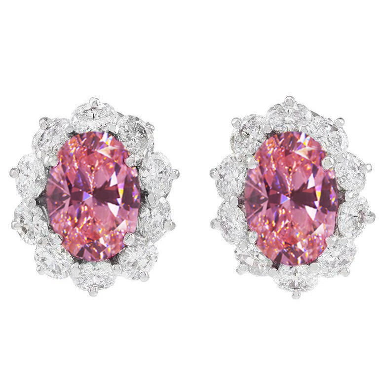White Gold 14K Pink Oval Sapphire 6 Carats Natural Earth Mined Diamond Studs Earrings
