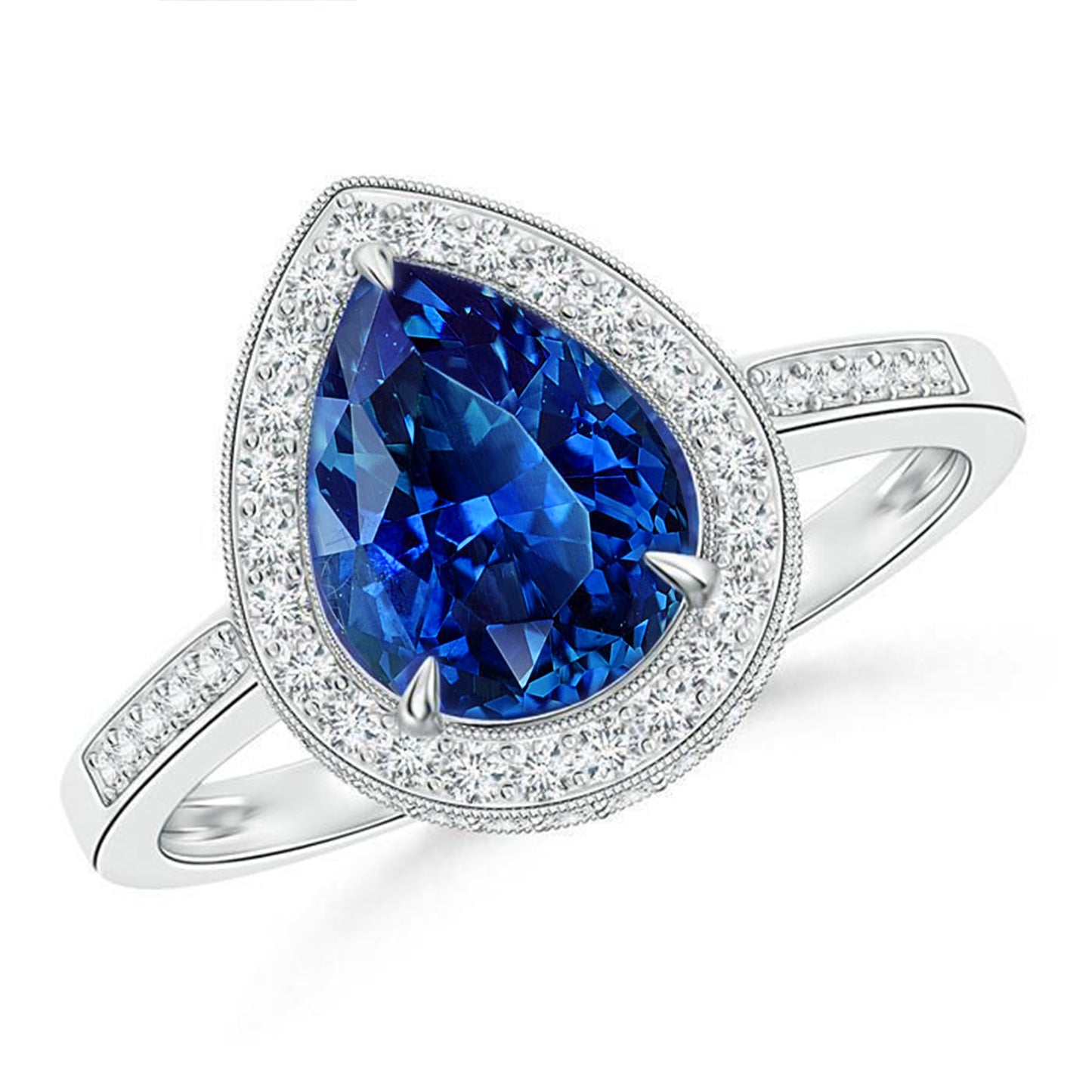 White Gold Sri Lanka Blue Sapphire Halo Diamonds Ring