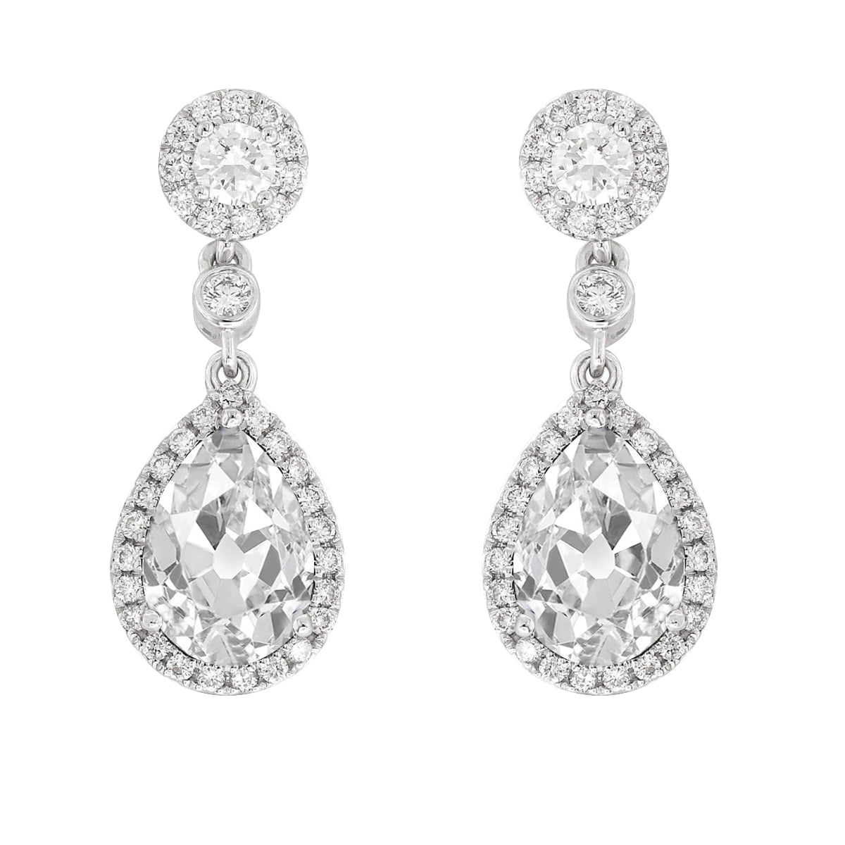 Diamond Halo Drop Earrings Pear Cut Old Miner