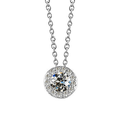 White Gold Diamond Pendant Halo Round Old Miner 1.50 Ct