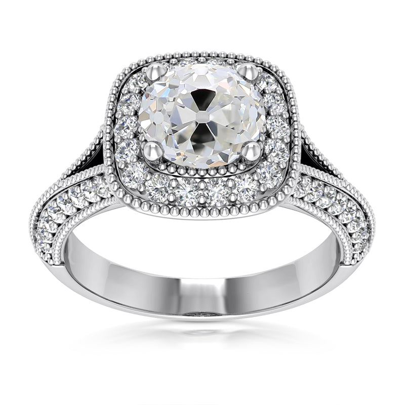 White Gold Halo Ring Cushion Old Cut