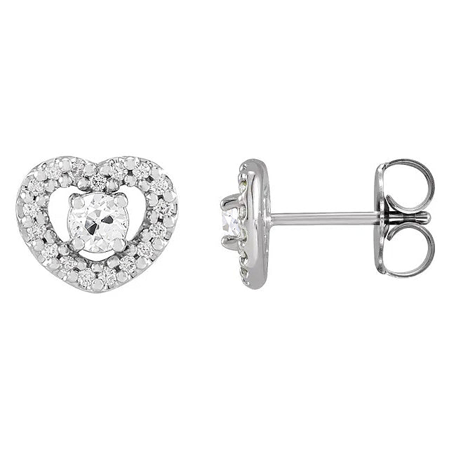 White Gold Heart Shape Diamond Stud Earrings 4 Carats Round Old Cut