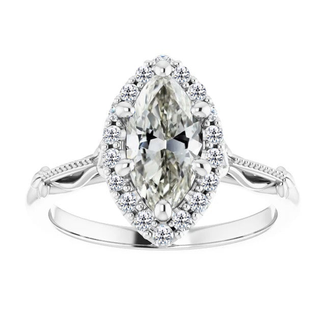 White Gold Marquise Old Mine Halo Diamond Vintage Style Ring 2 Carats