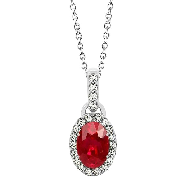 White Gold Oval Ruby With Round Natural Earth Mined Diamonds 3.25 Ct Pendant With Chain
