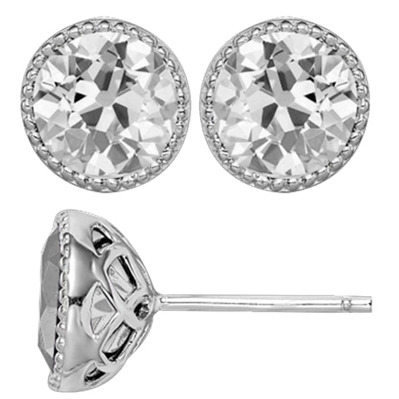 White Gold Solitaire Stud Earrings 5 Ct. 14K Old Miner Diamond