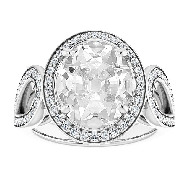 White Gold Halo Ring Oval Old Miner Big Lab Grown Diamond Split Shank 13 Carats