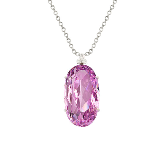 Women Kunzite And Natural Earth Mined Diamond Necklace Pendant 20.20 Ct. White Gold 14K