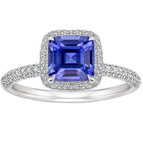 Women Gold Diamond Cushion Cut Blue Sapphire Pave Ring 3.45 Carats 14K