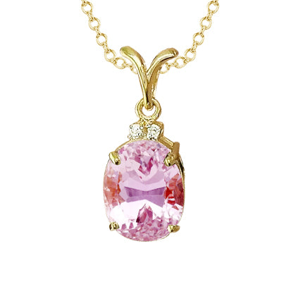 Yellow Gold 14K Pink Oval 12.15 Carats Kunzite With Natural Earth Mined Diamond Pendant