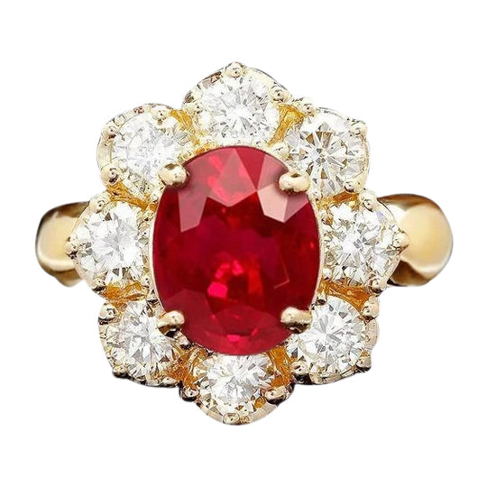 Yellow Gold 14K Red Ruby Natural Earth Mined Diamond Wedding Ring Jewelry 4 Carats