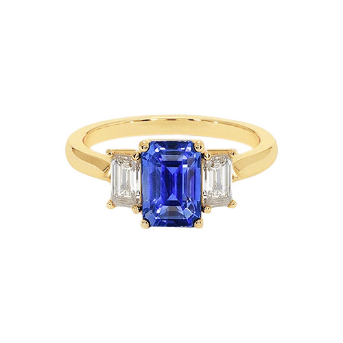 Unique Lady’s Yellow Gold 3 Stone Blue Sapphire & Diamond Ring