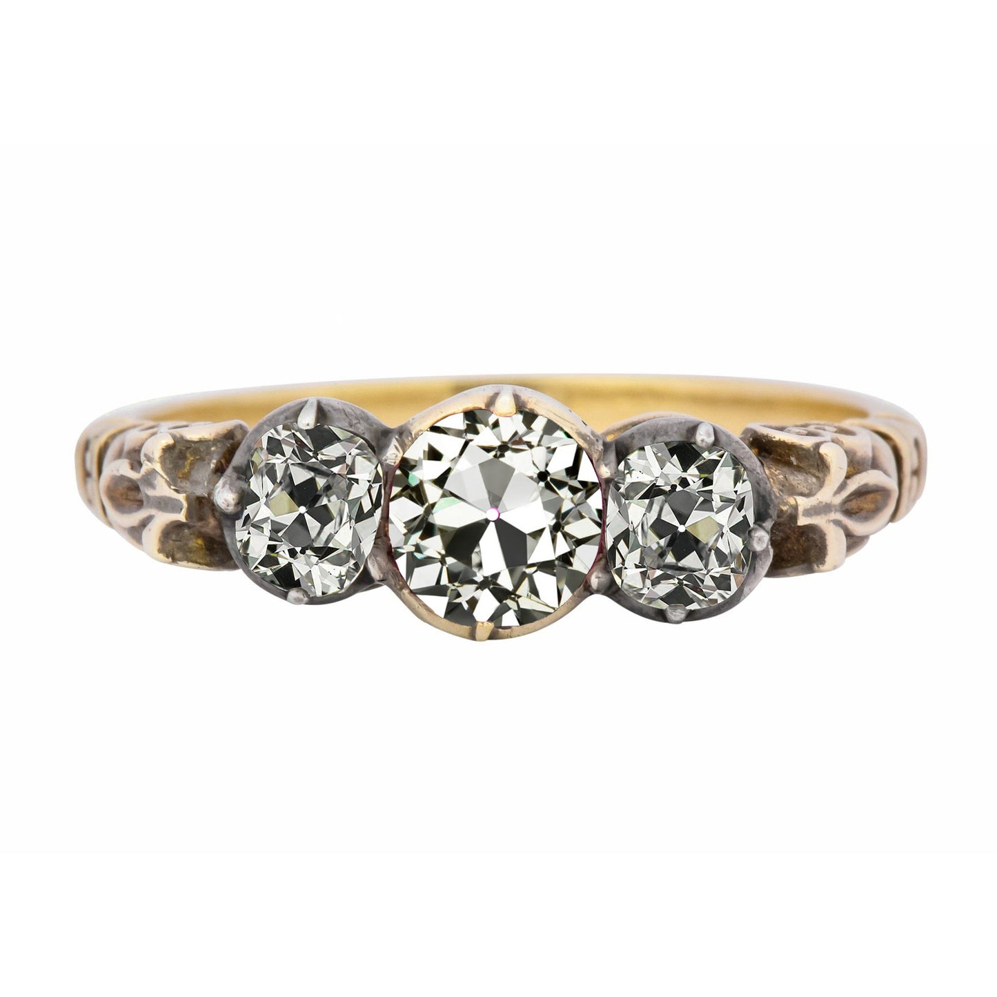 Yellow Gold 3 Stone Old Miner Cut Diamond Ring