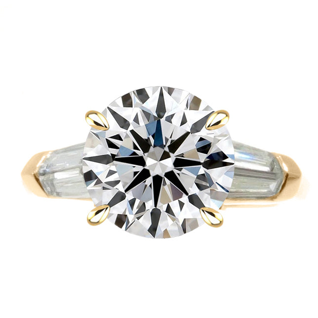 Yellow Gold Round Diamond Ring With Knife Edge Baguettes 3 Carats