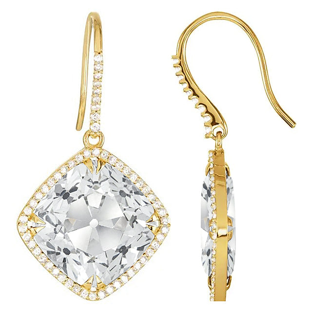 Yellow Gold Drop Earrings 11.50 Ct Cushion Old Cut Diamond
