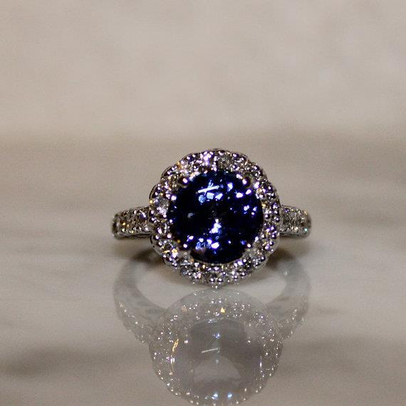 Brilliant Beautiful Round Shape Blue Tanzanite With Diamond White Gold Gemstone Ring