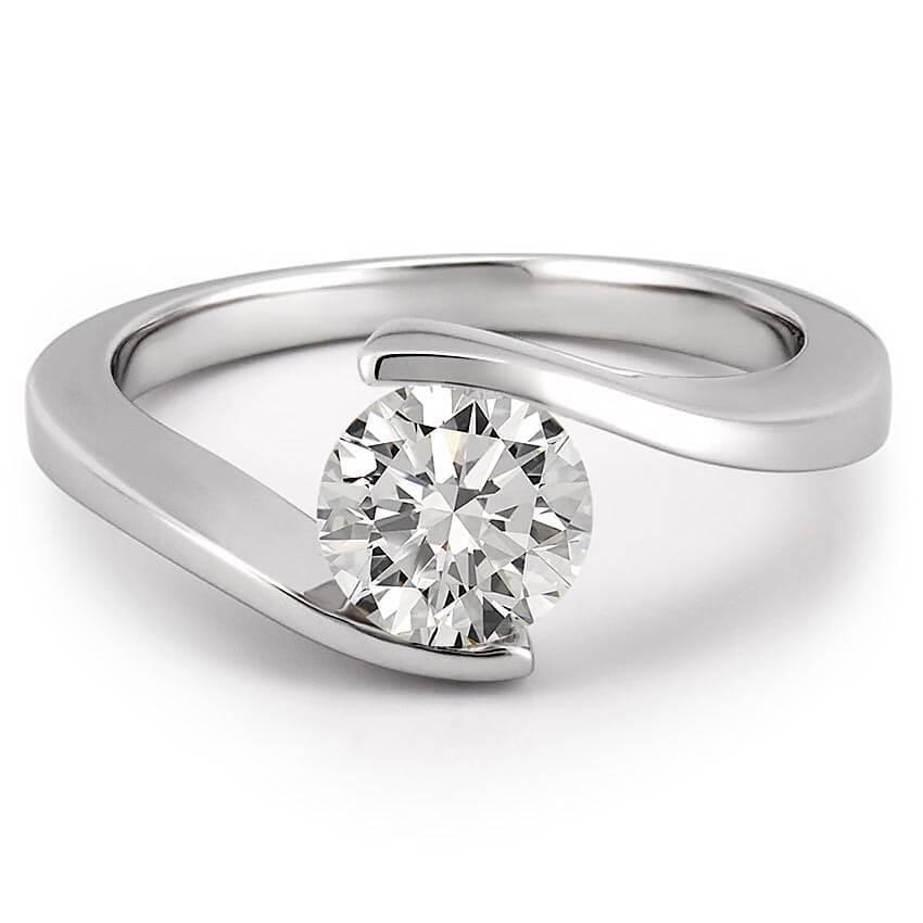 Bezel Set Lady’s Twisted Sparkling Unique Solitaire White Gold Diamond Ring