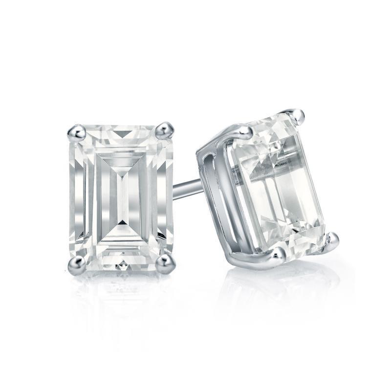 Big Emerald Cut Diamond Stud Earrings White Gold Prong Set