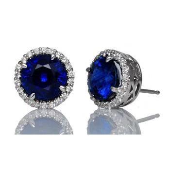 Lady’s great style Blue Round Sapphire Halo Diamond Stud Earring Gold White