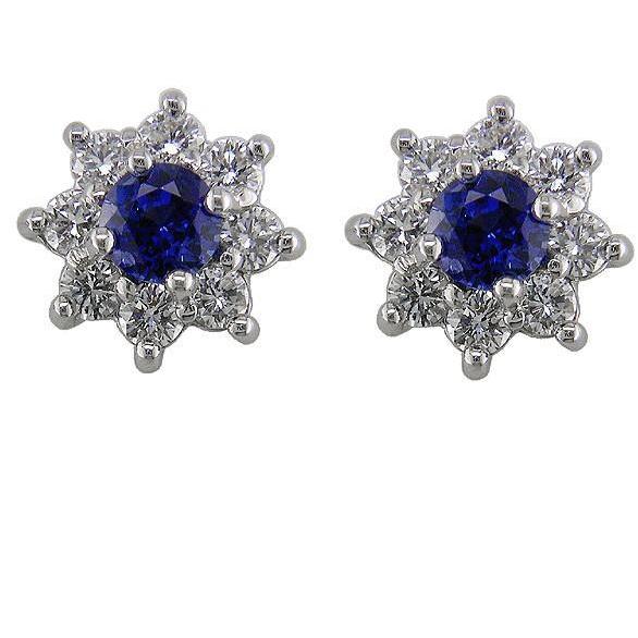 Blue Sapphire And Diamonds Brilliant Engagement Lady Studs Earrings White Gold
