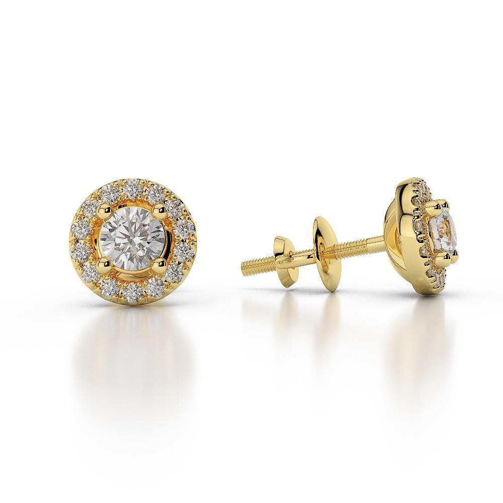 Brilliant Cut Round Diamonds Studs Halo Earrings Yellow Gold