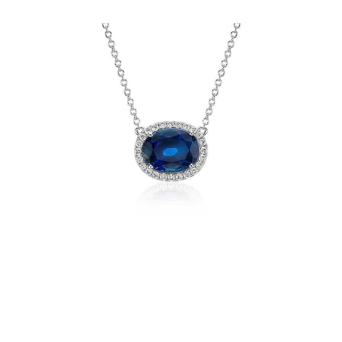 Ceylon Blue Sapphire Pendant Oval Cut Round Diamond Gold 14K 2.5 Ct Gemstone Pendant