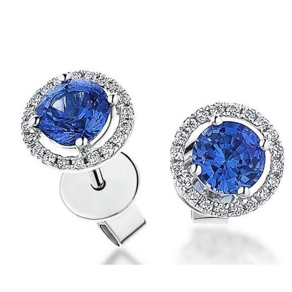 Ceylon Sapphire And Diamonds Lady’s Round Anniversary Women Studs Halo White Gold Gemstone Earring