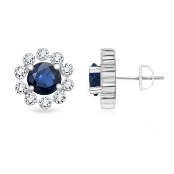 Brilliant Engagement Ceylon Sapphire Stud Earring White Gold Round Diamond