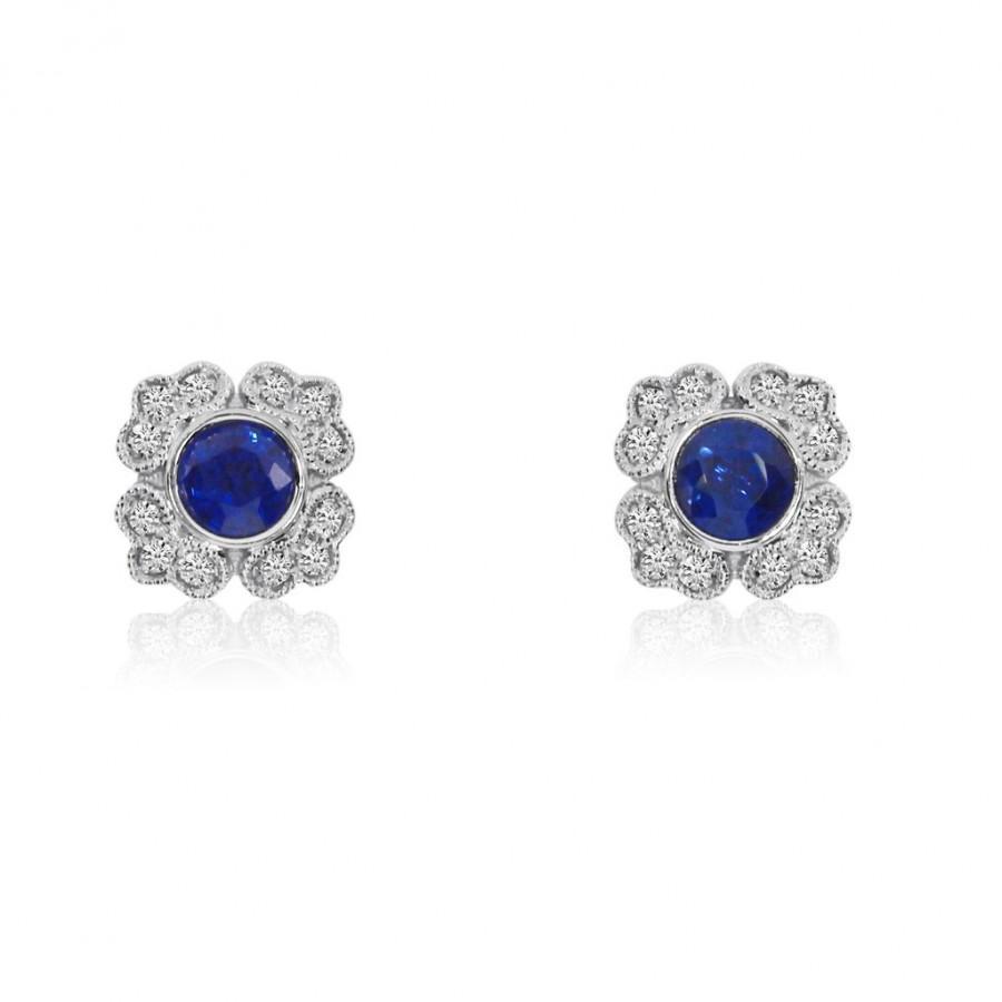 High Quality Fancy Sparkling Ceylon Sapphire With Diamonds Halo Women Studs Earring White Gold Gemstone Earring