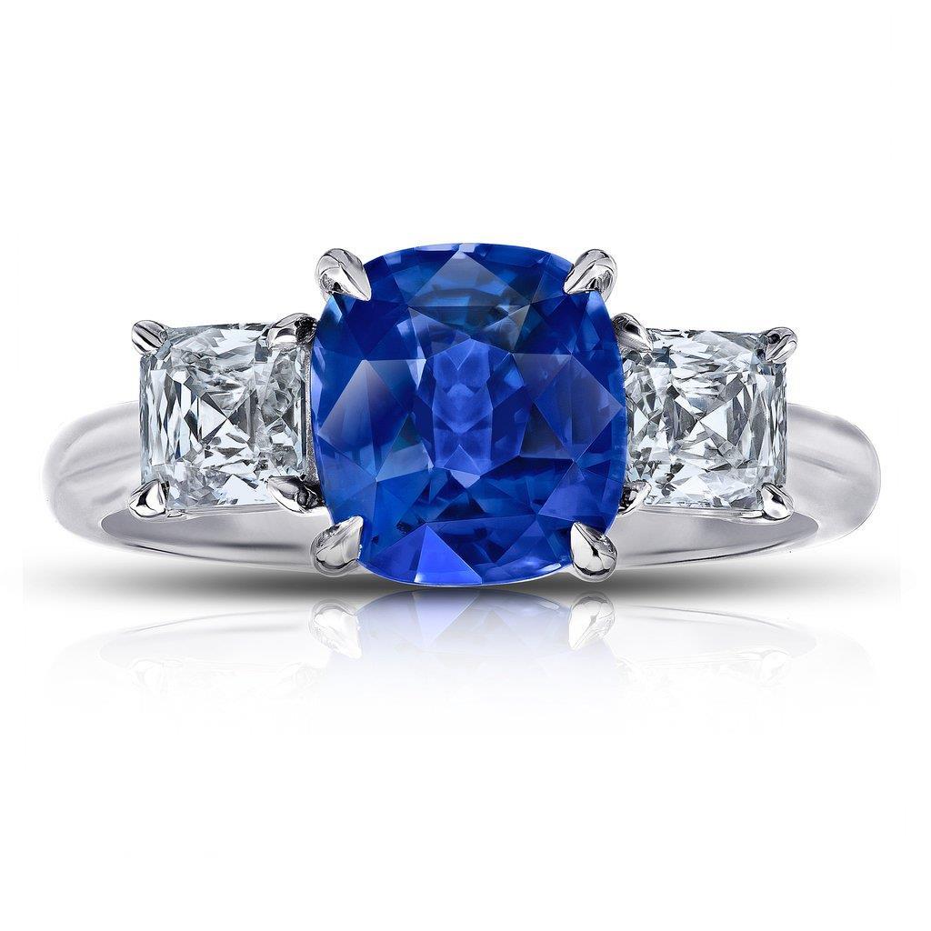 Cushion And Princess Cut Ceylon Sapphire With Diamonds Gorgeous fancy Three Stone Gemstone Gemstone Ring