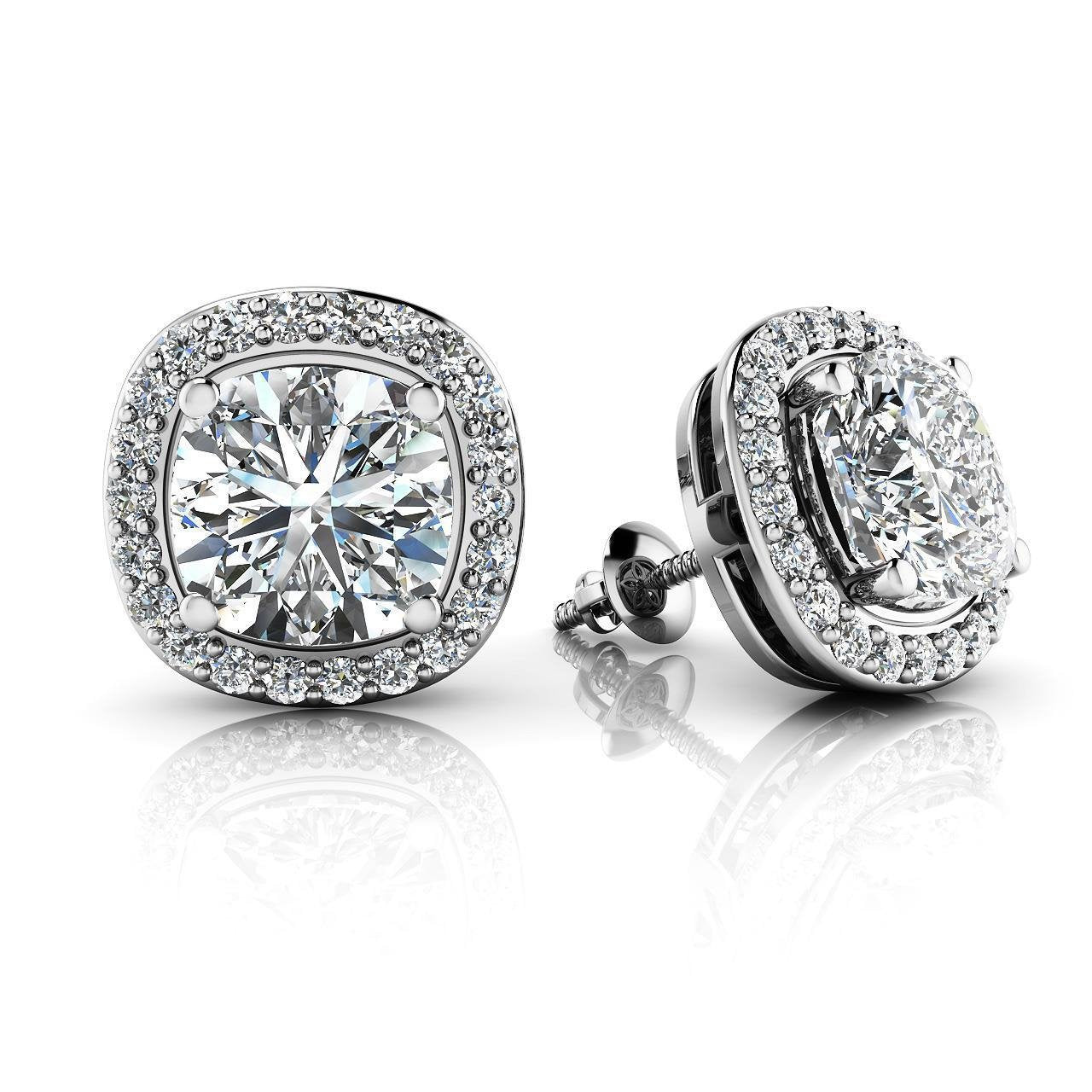 Brilliant Style Cushion And Round Cut Diamonds Stud Halo Earrings White Gold