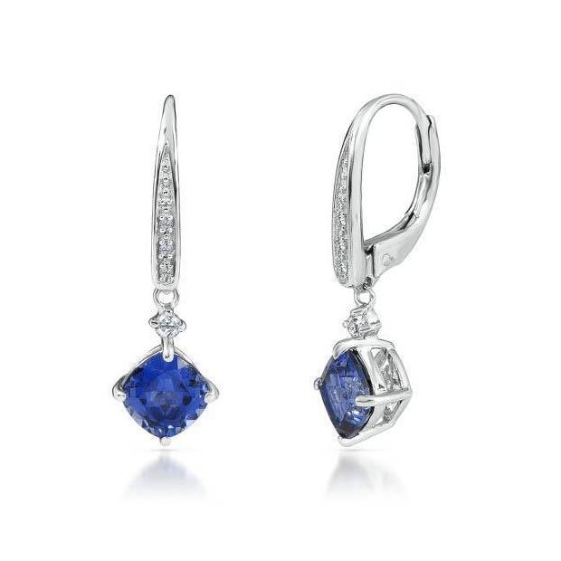 High Quality Fancy Sparkling Cushion Ceylon Sapphire And Round Diamond Dangle Gold Earring Gemstone Earring