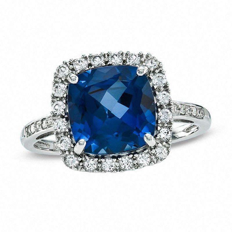 Lady’s Brilliant Cushion Cut Ceylon Sapphire With Round Diamond Wedding Ring White Gold Gemstone Ring