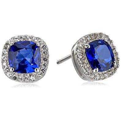 True classic fancy Cushion Cut Halo Ceylon Sapphire With Round Diamonds Studs Gemstone Earring