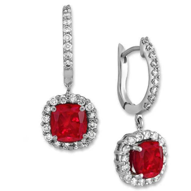 Cushion Ruby Round Diamonds Dangle Earrings White Gold Gemstone